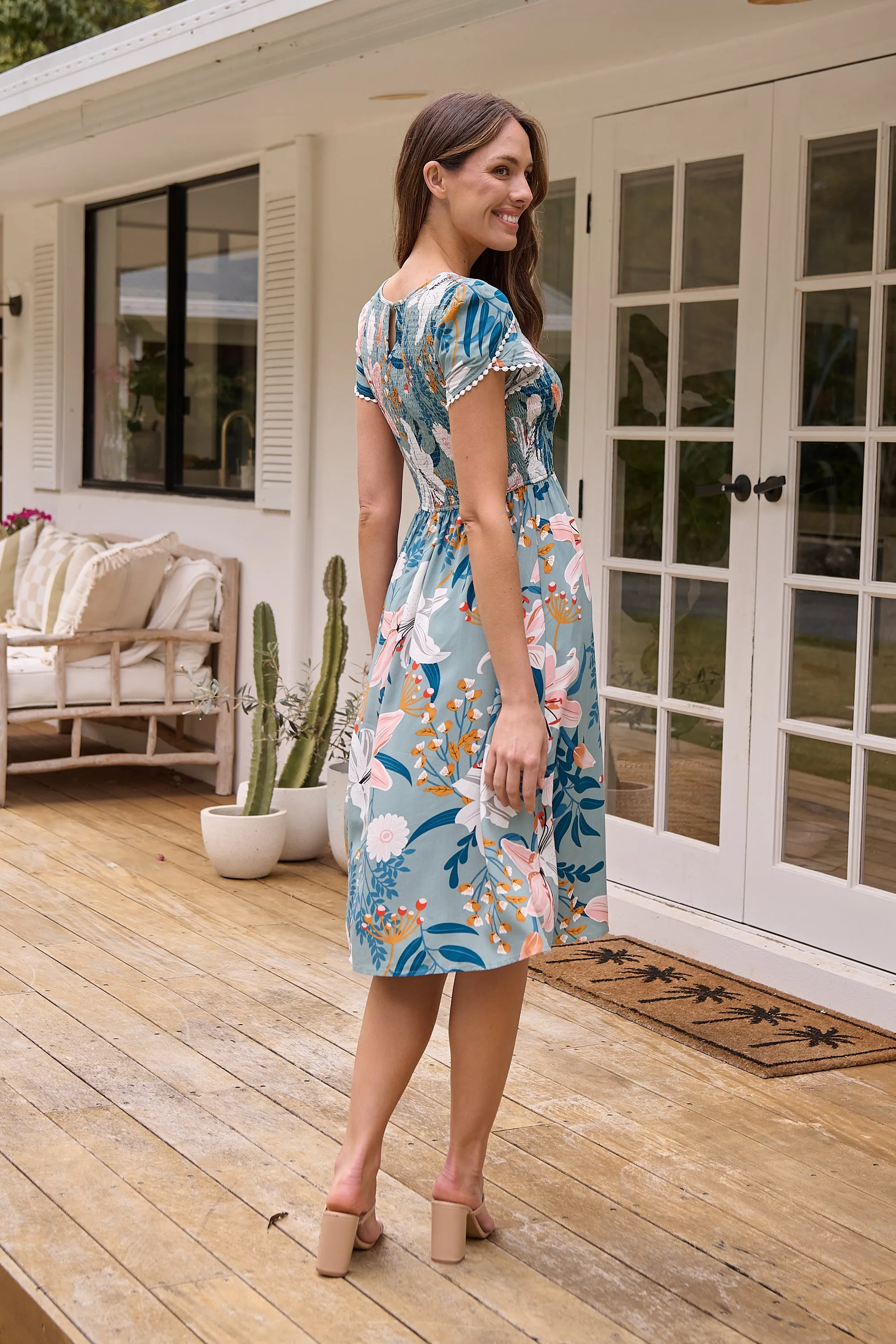 Tonya Sage Floral Print Shirred Midi Dress