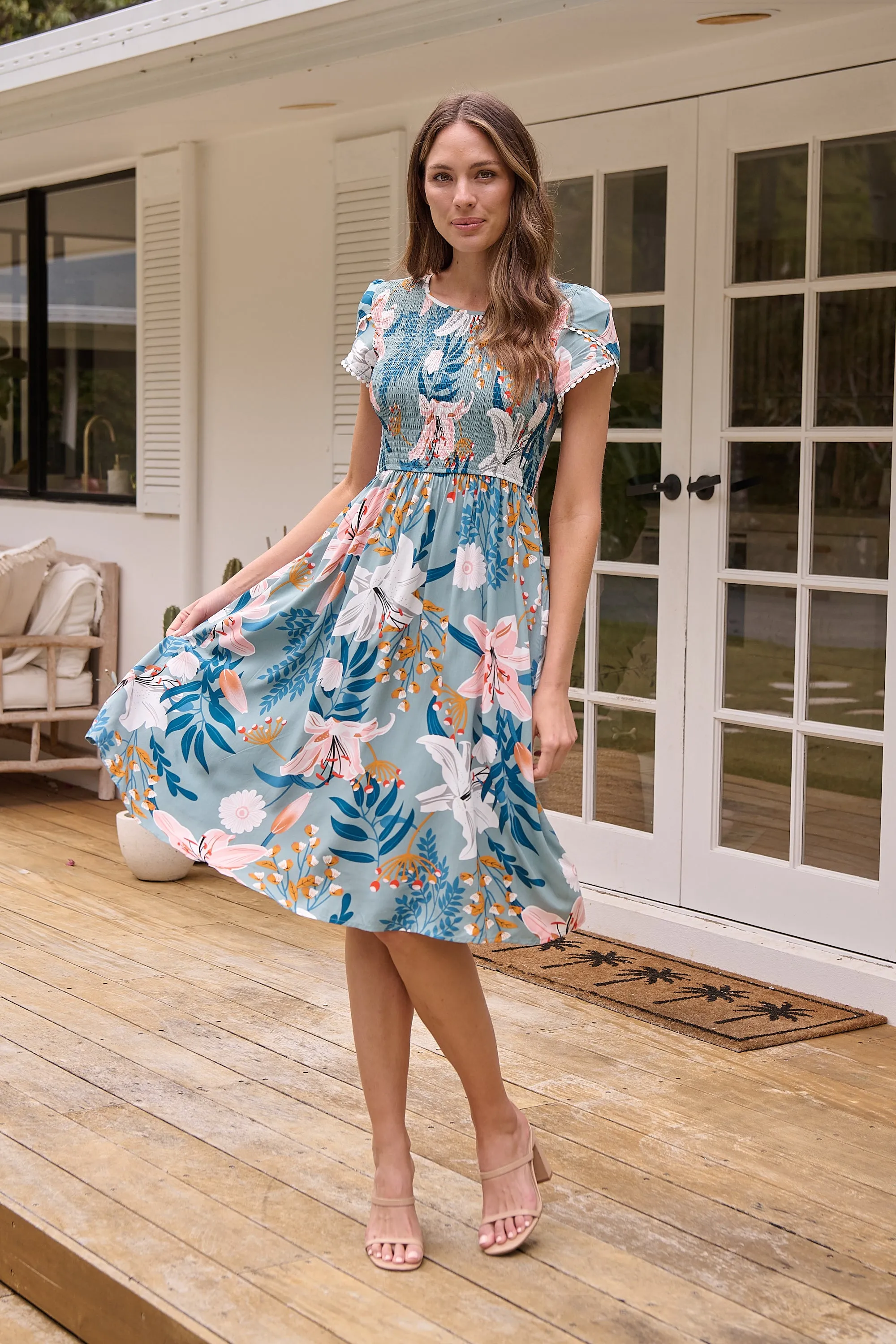 Tonya Sage Floral Print Shirred Midi Dress