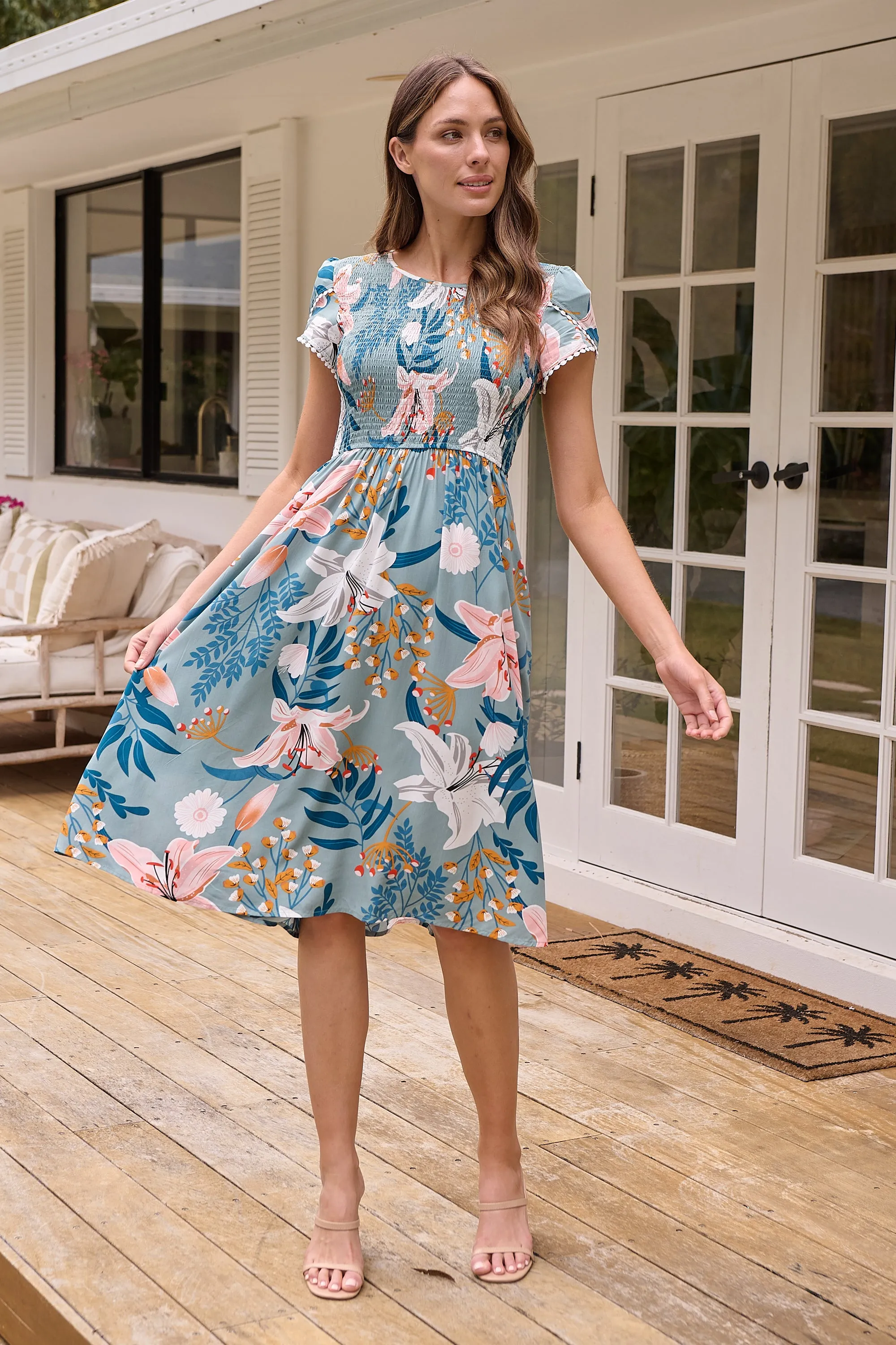 Tonya Sage Floral Print Shirred Midi Dress