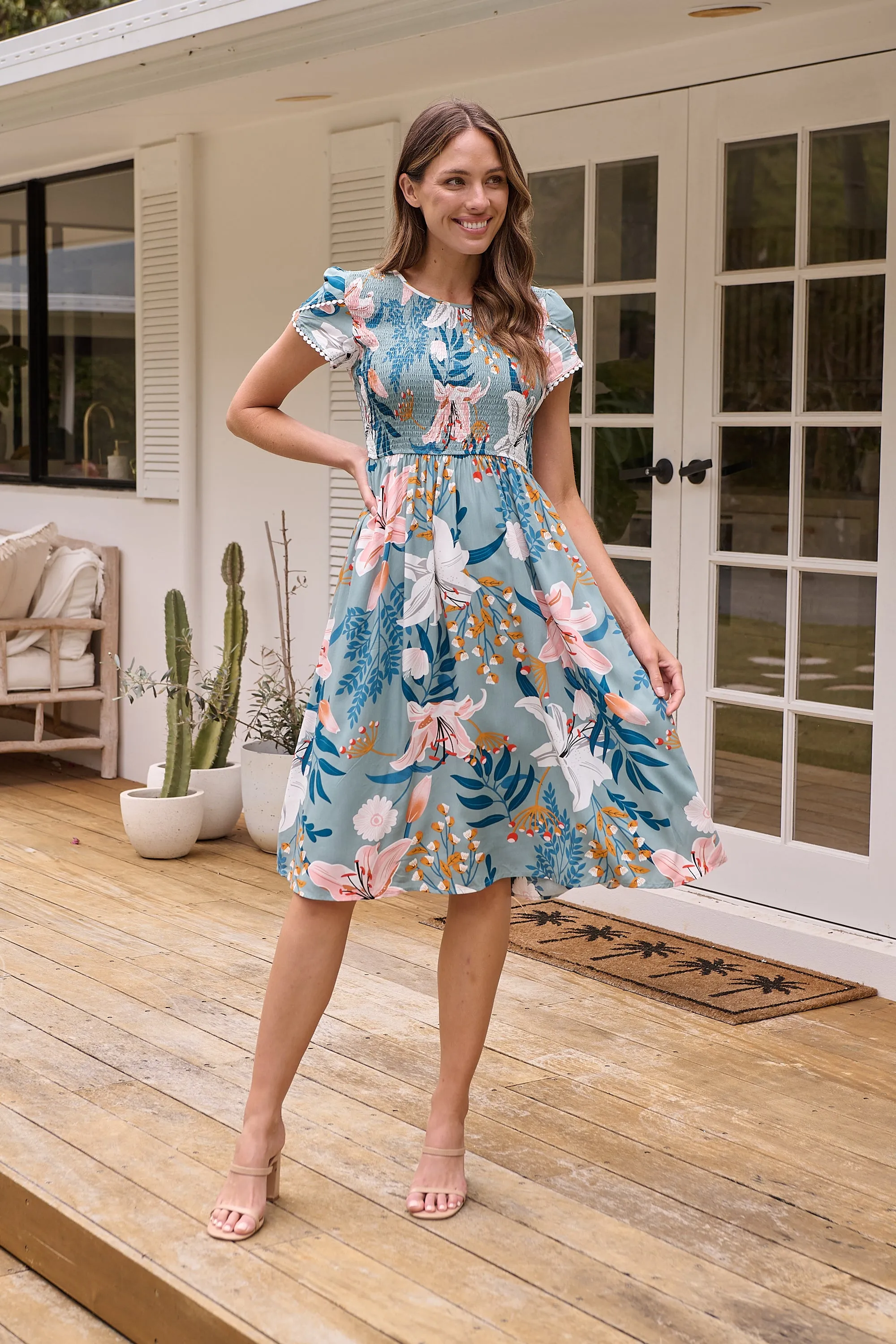 Tonya Sage Floral Print Shirred Midi Dress