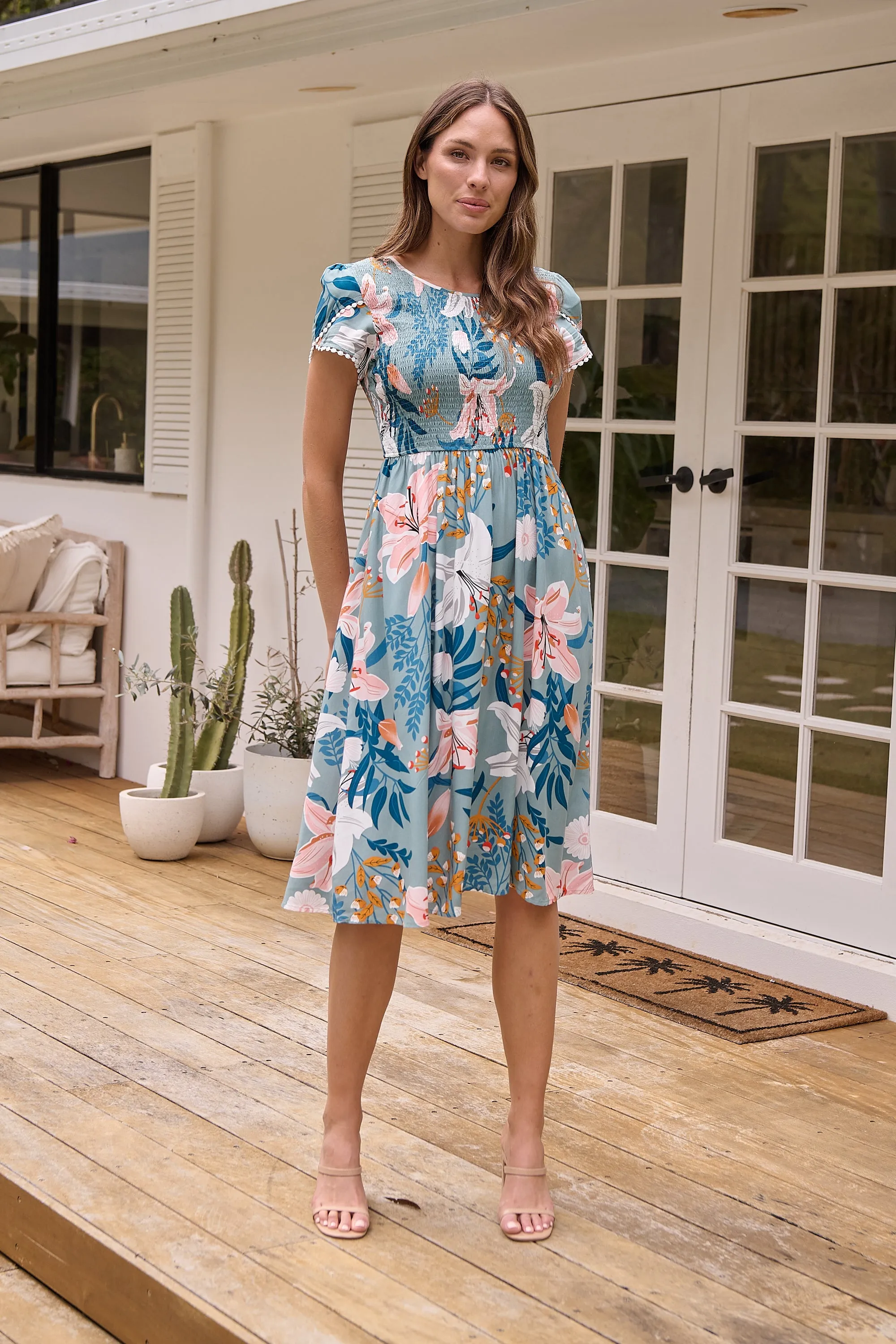 Tonya Sage Floral Print Shirred Midi Dress