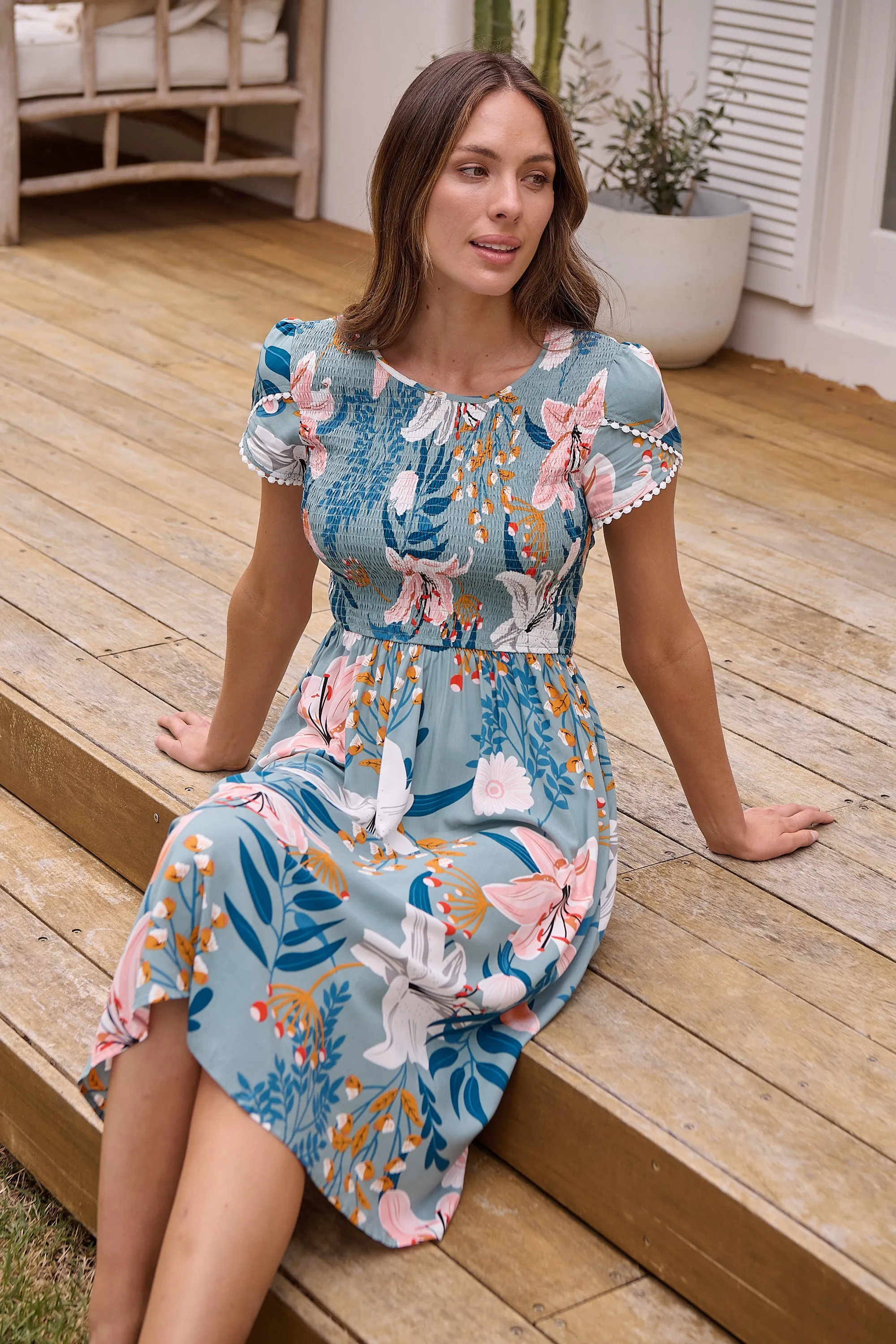 Tonya Sage Floral Print Shirred Midi Dress