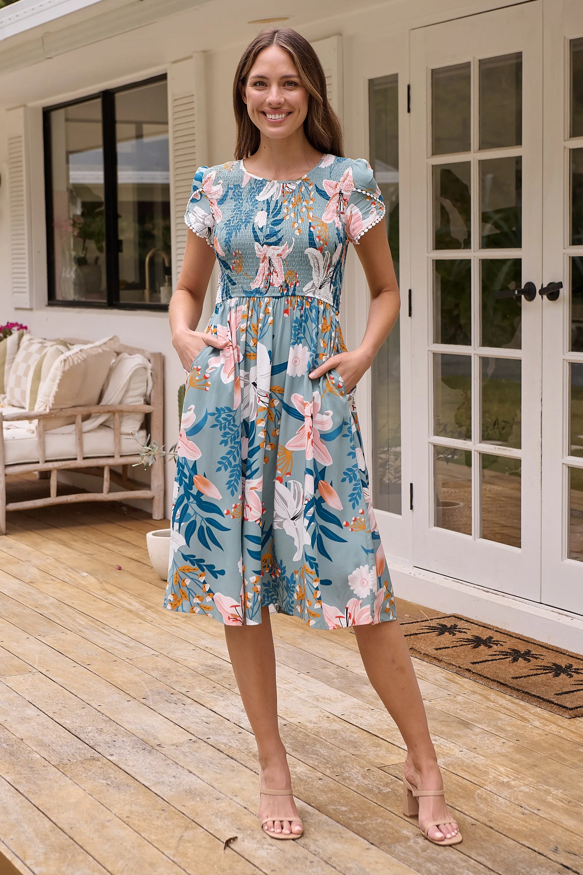 Tonya Sage Floral Print Shirred Midi Dress