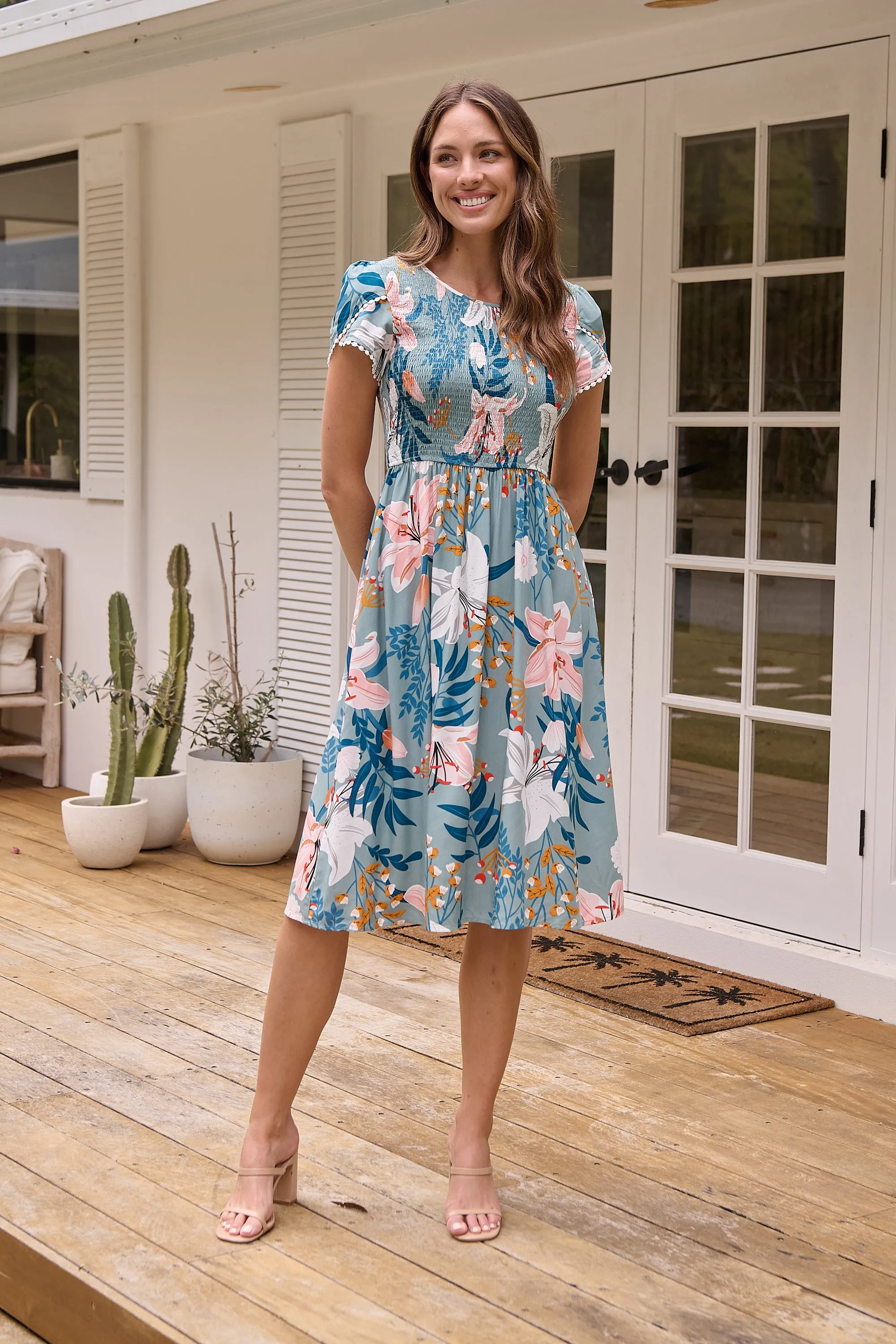 Tonya Sage Floral Print Shirred Midi Dress