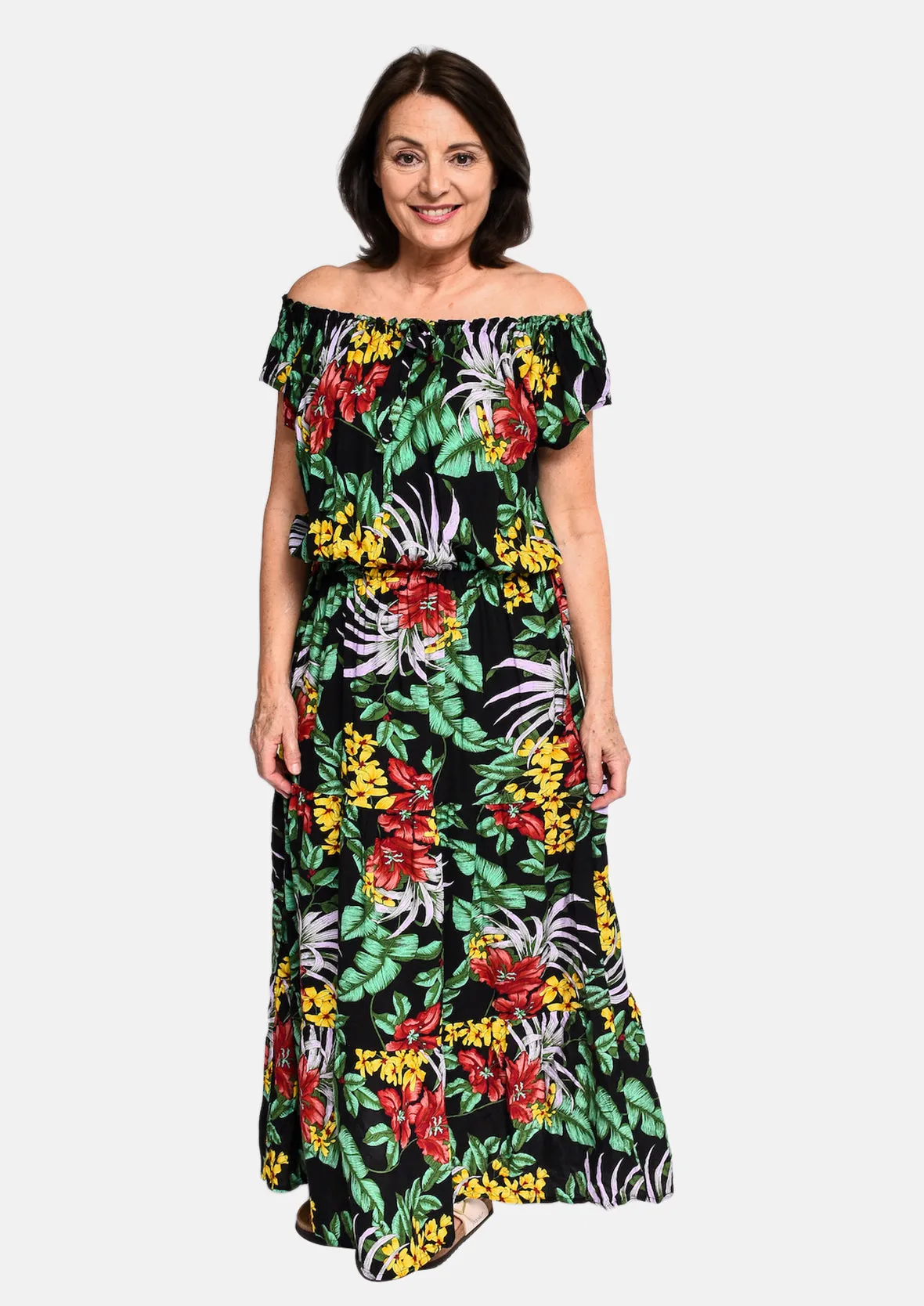 Tropical Off-Shoulder Maxi Dress