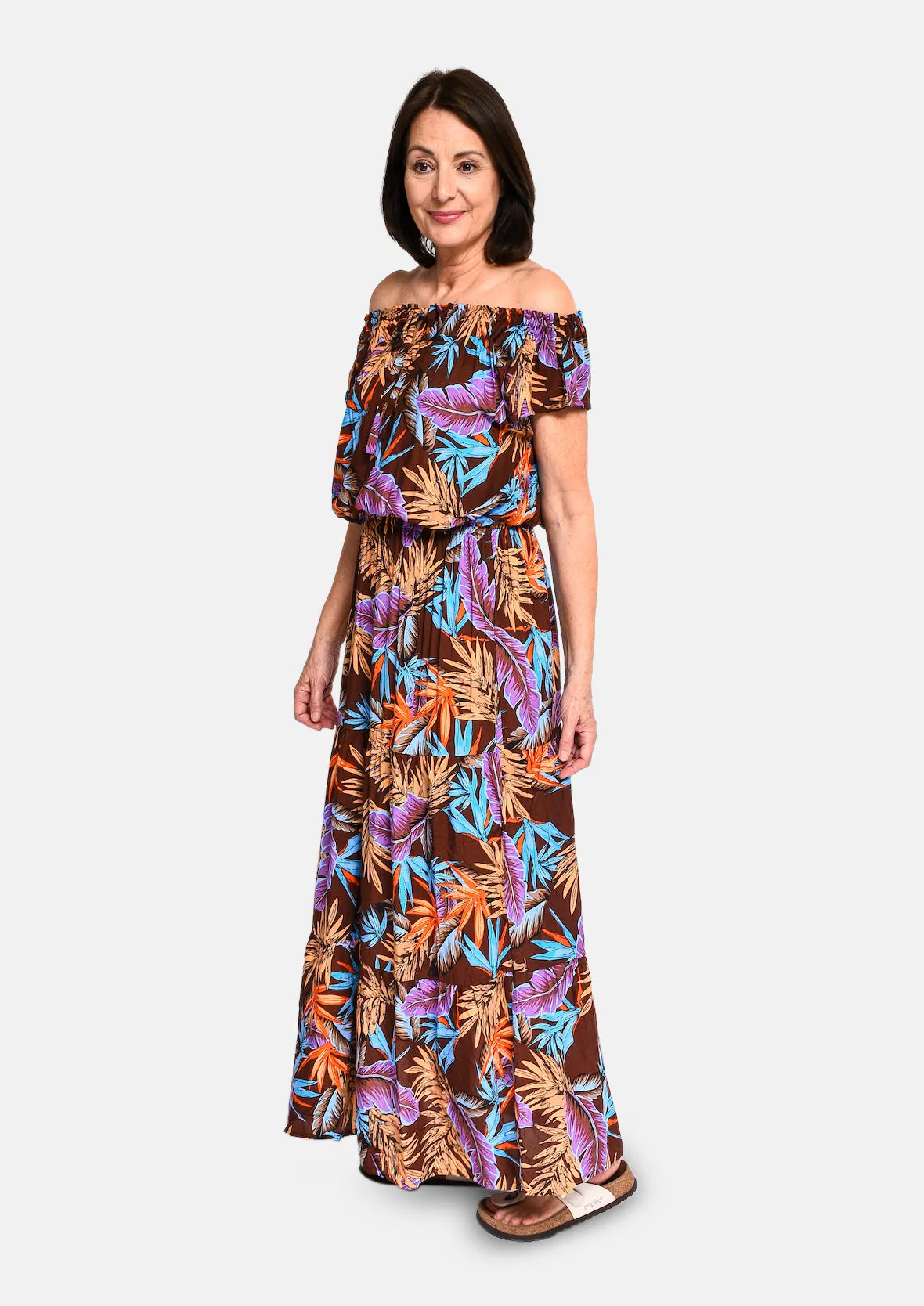 Tropical Off-Shoulder Maxi Dress