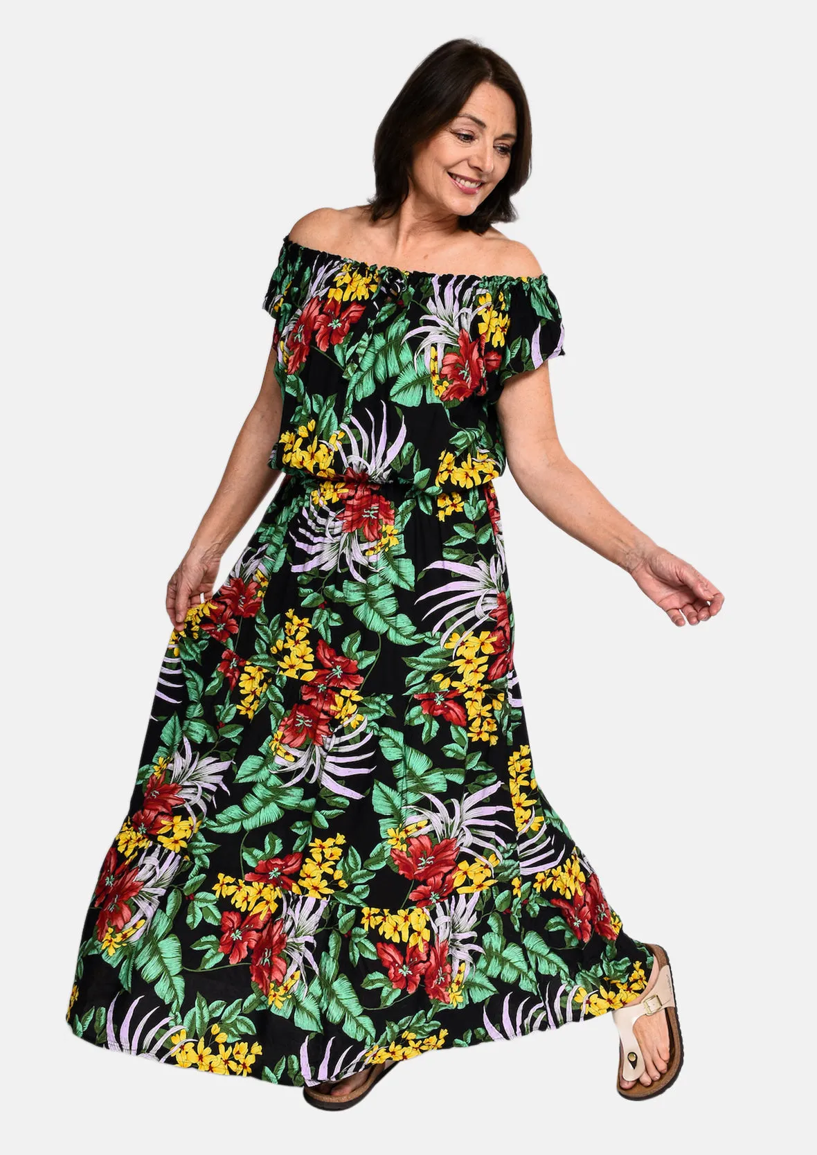 Tropical Off-Shoulder Maxi Dress