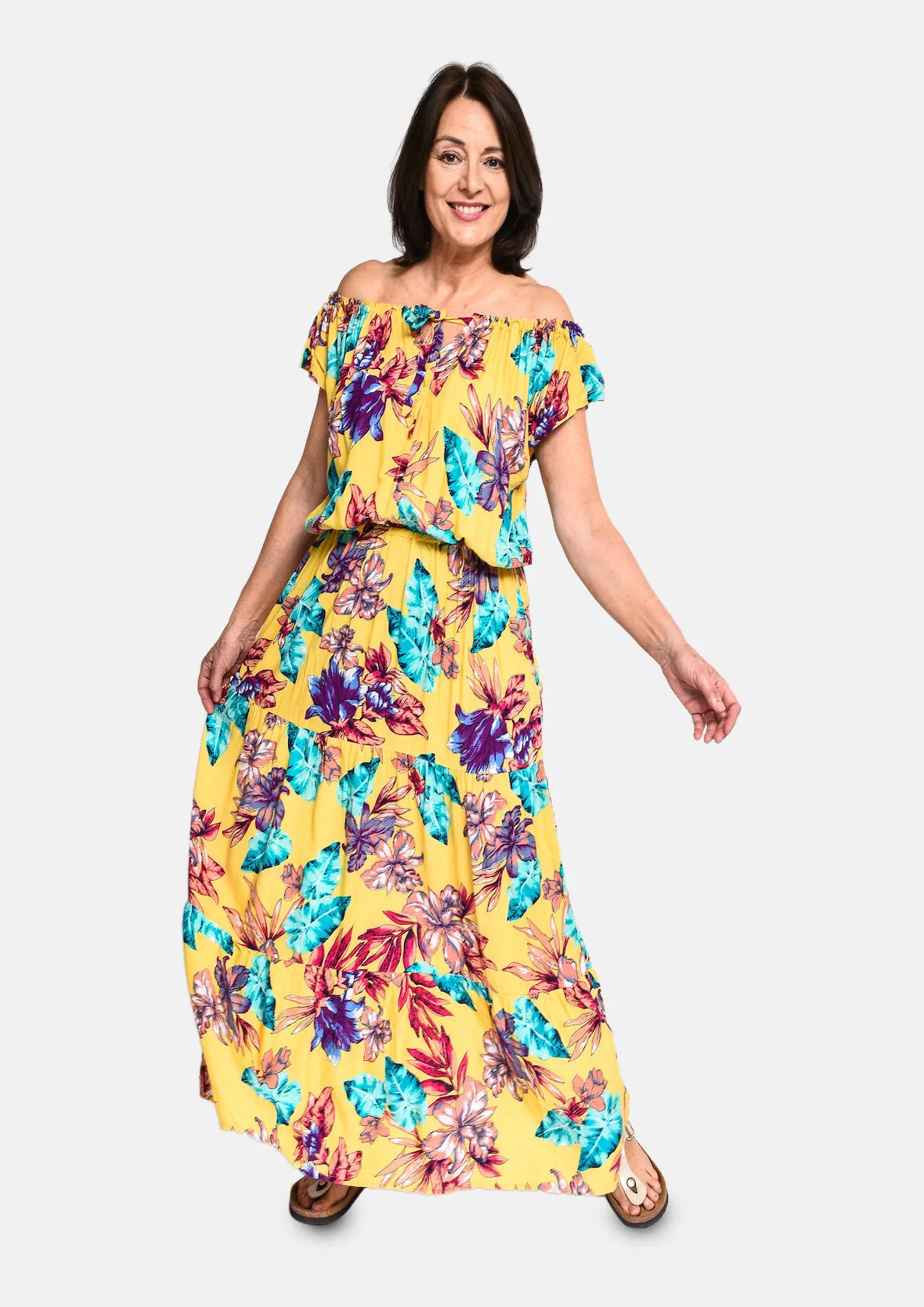 Tropical Off-Shoulder Maxi Dress