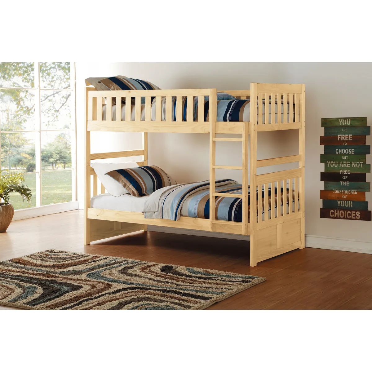 Twin/Twin Pine Bunk Bed with Guard Rails and Ladder - Natural Finish