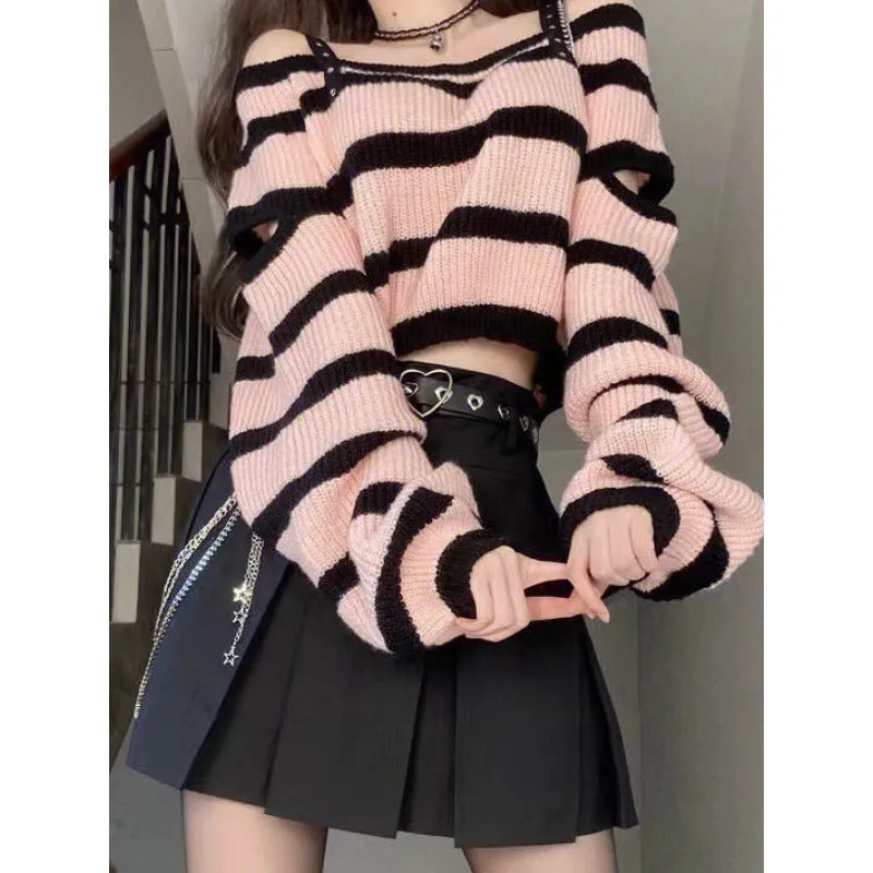 Uniwim y2k Sweet and Spicy Style off-the-Shoulder Top Striped Sweater Suit Women's Autumn Hot Girl High Waist Pleated A- line Skirt Two-Piece Set