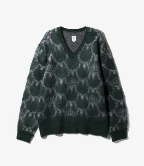 V-Neck Mohair Sweater – Green Skull & Target Pattern