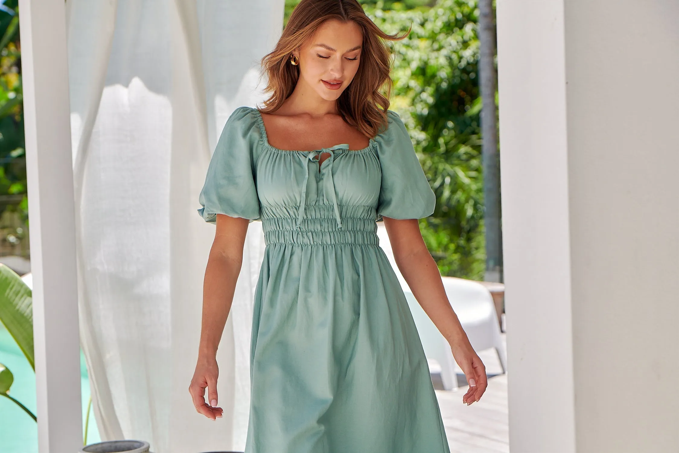 Vera Sage Green Puff Sleeve Linen Midi Dress