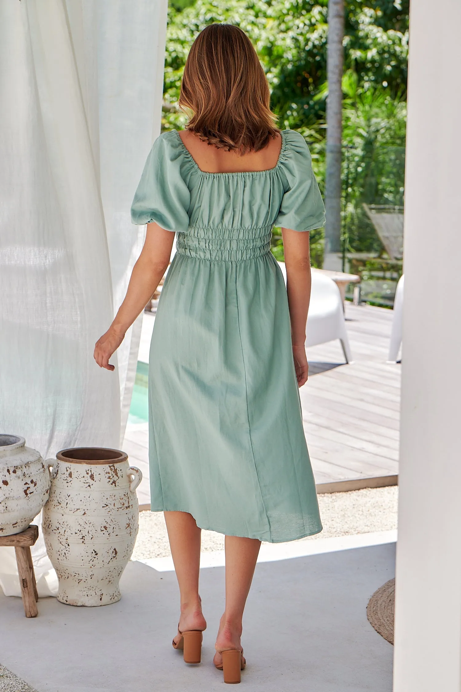 Vera Sage Green Puff Sleeve Linen Midi Dress