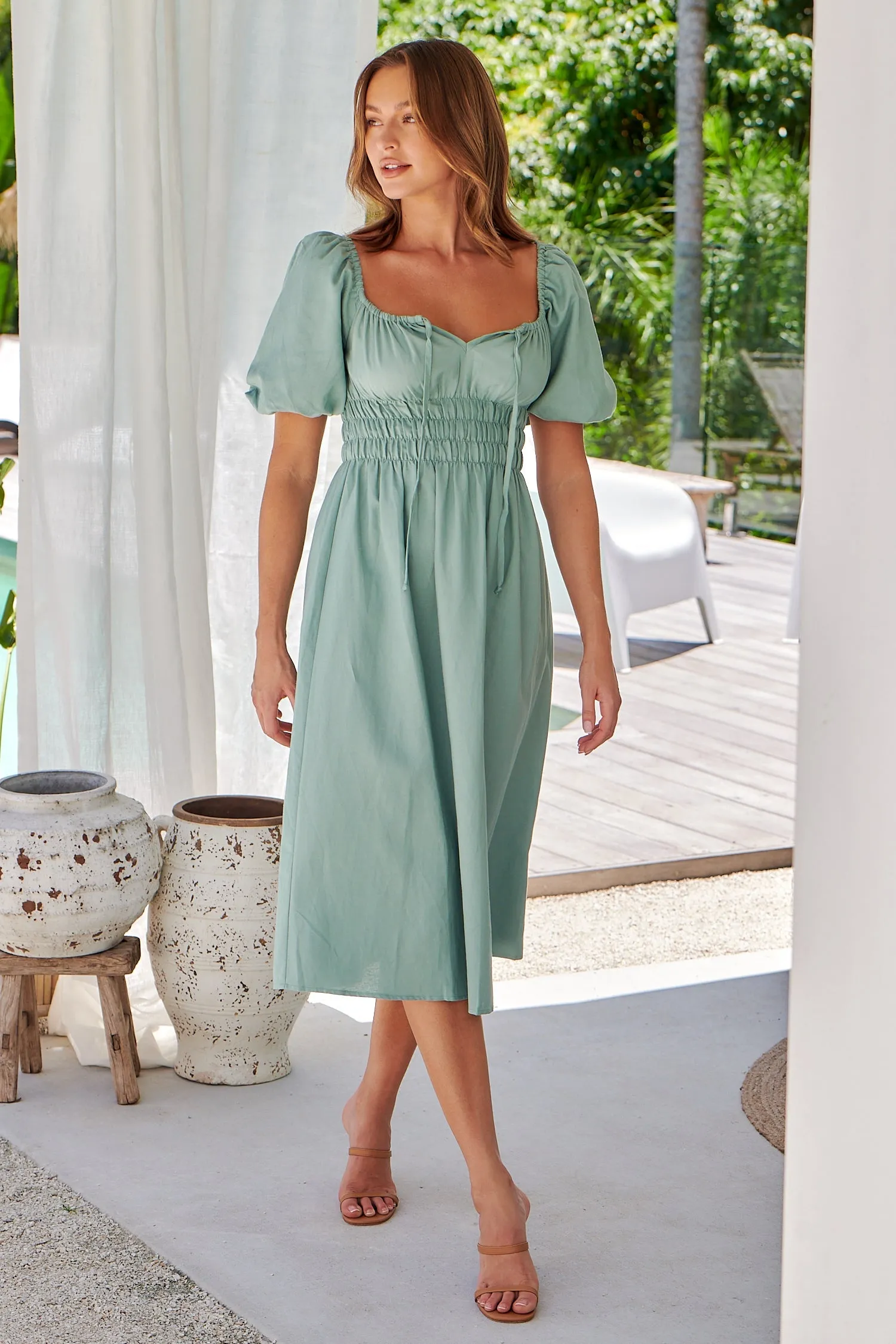 Vera Sage Green Puff Sleeve Linen Midi Dress