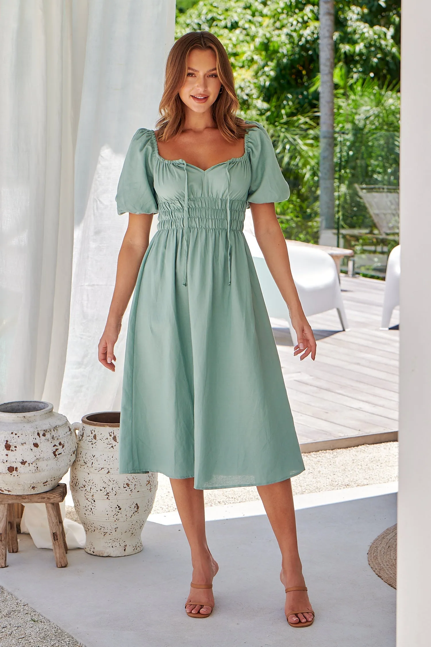 Vera Sage Green Puff Sleeve Linen Midi Dress