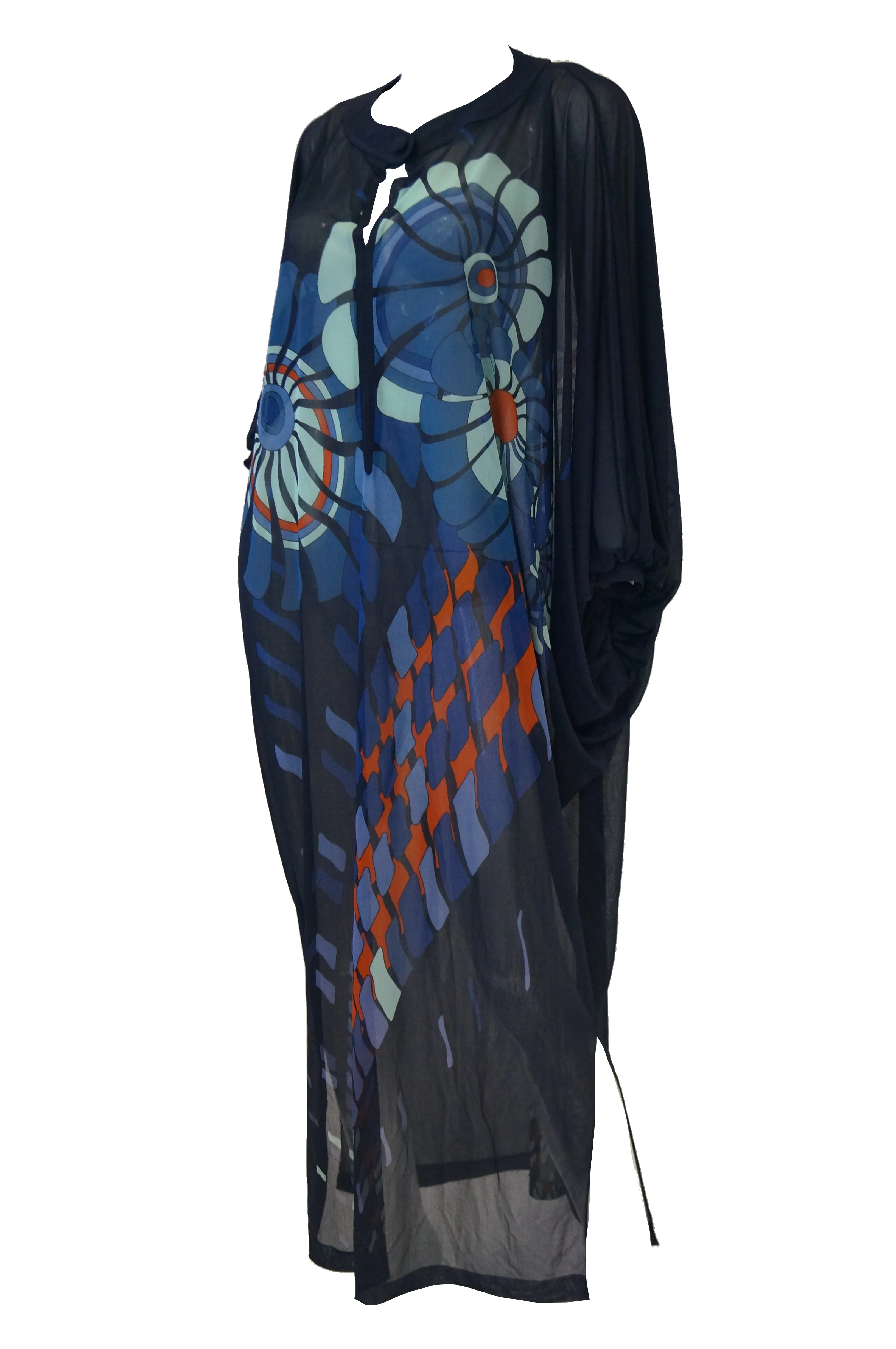 Vintage Sheer Black Batwing Caftan with Blue Op Art Floral Print