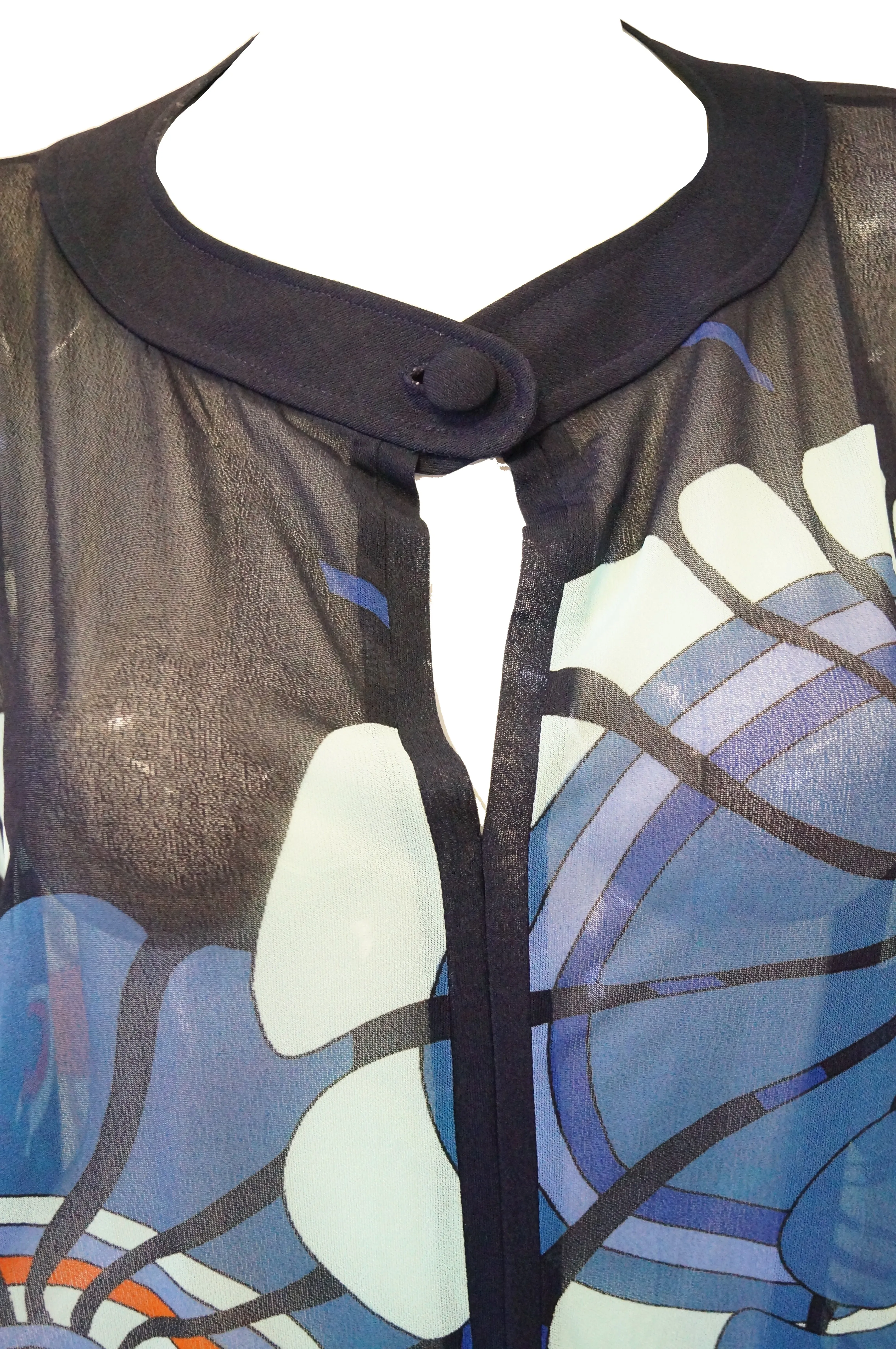 Vintage Sheer Black Batwing Caftan with Blue Op Art Floral Print