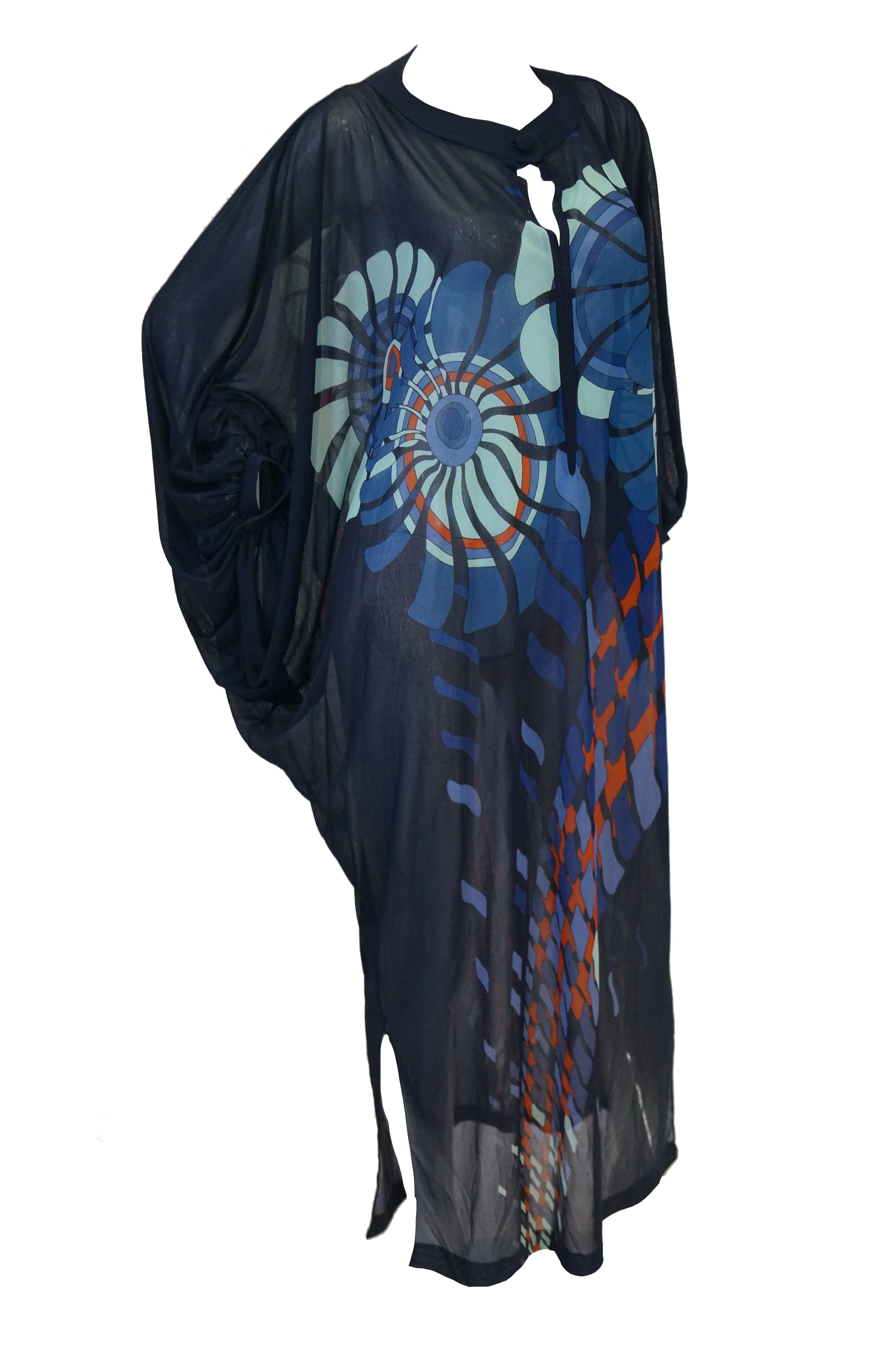 Vintage Sheer Black Batwing Caftan with Blue Op Art Floral Print