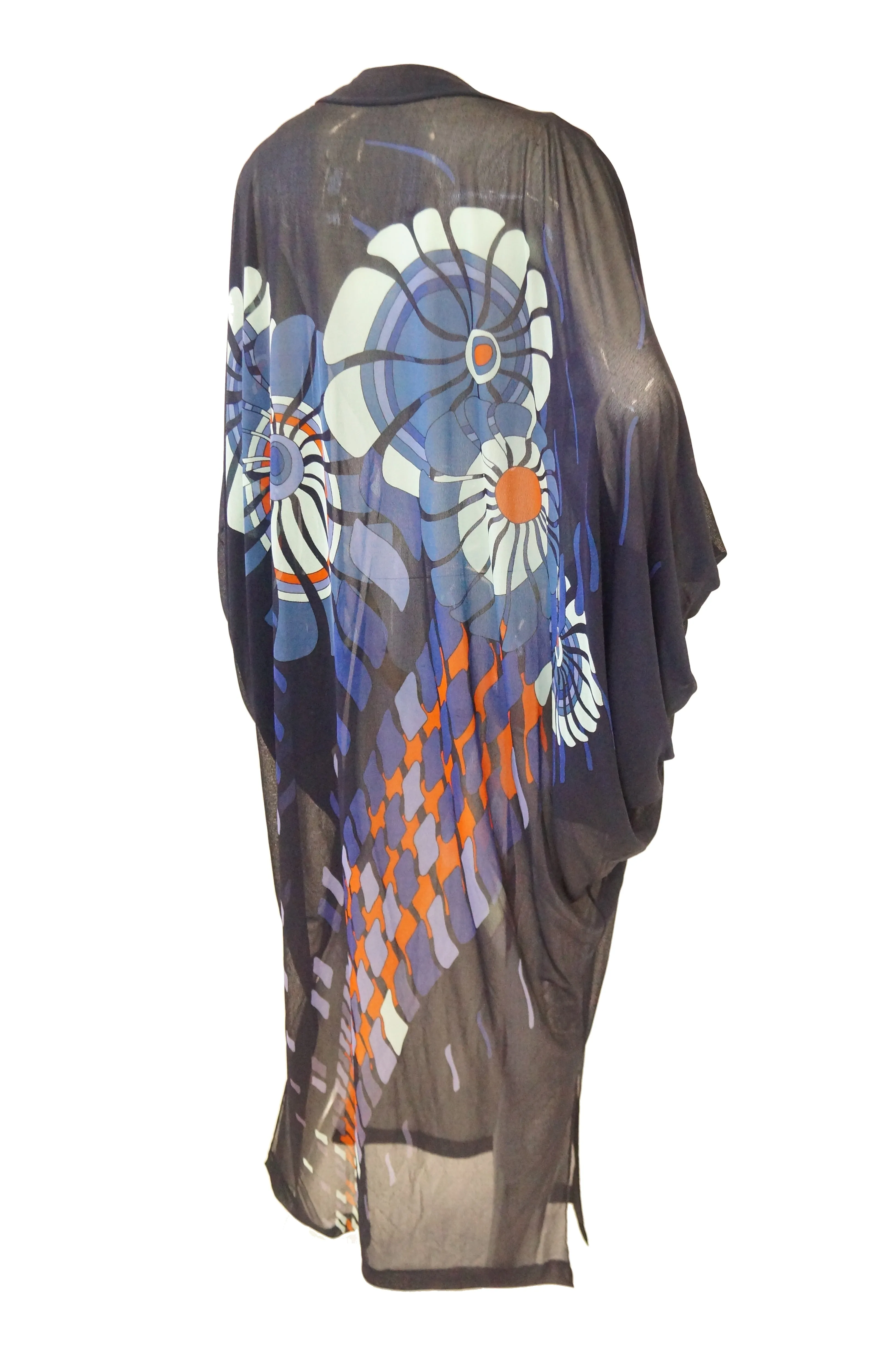 Vintage Sheer Black Batwing Caftan with Blue Op Art Floral Print