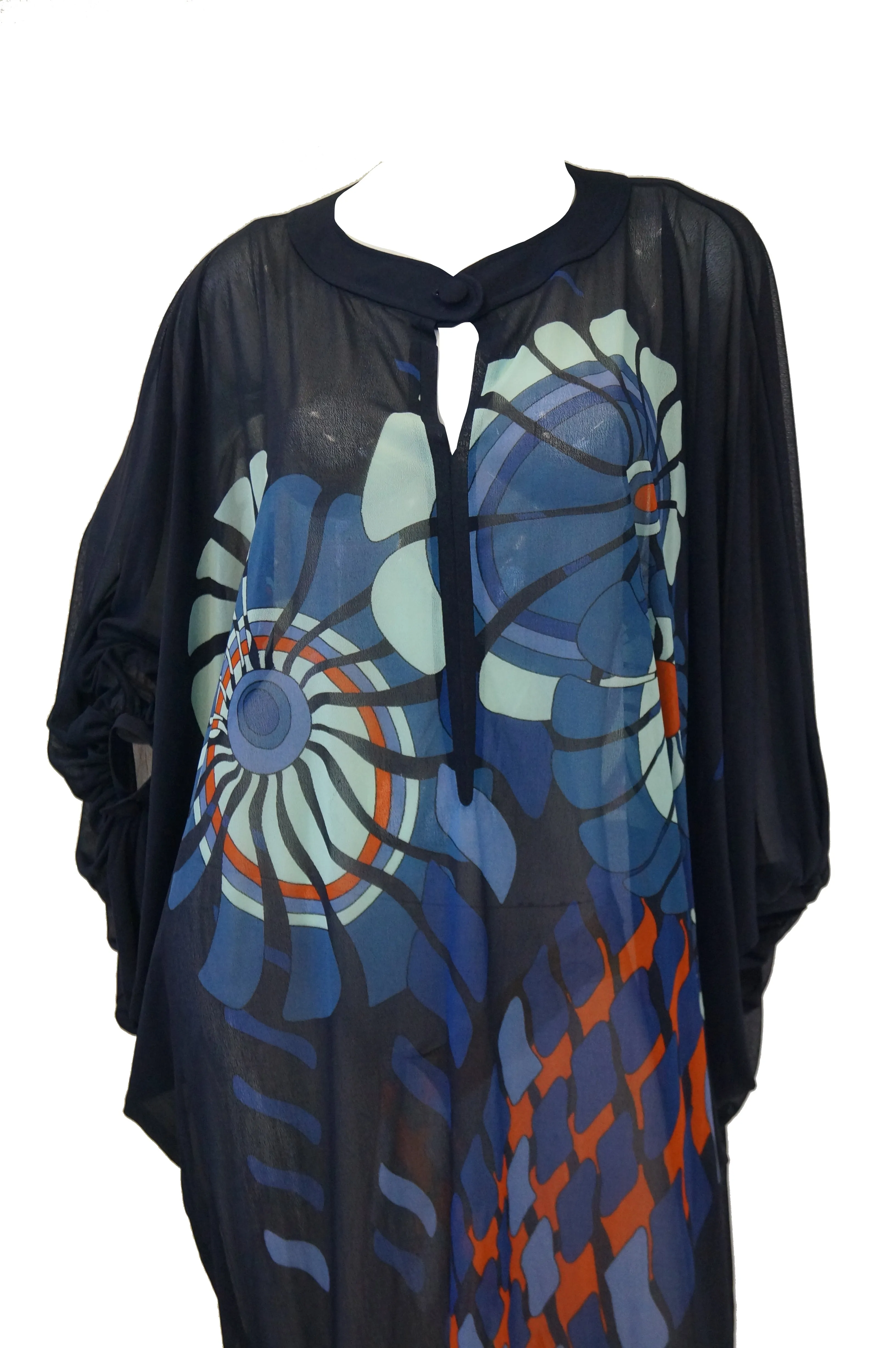 Vintage Sheer Black Batwing Caftan with Blue Op Art Floral Print