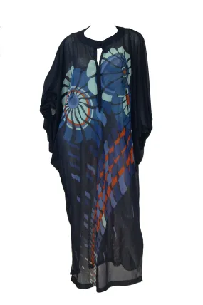 Vintage Sheer Black Batwing Caftan with Blue Op Art Floral Print