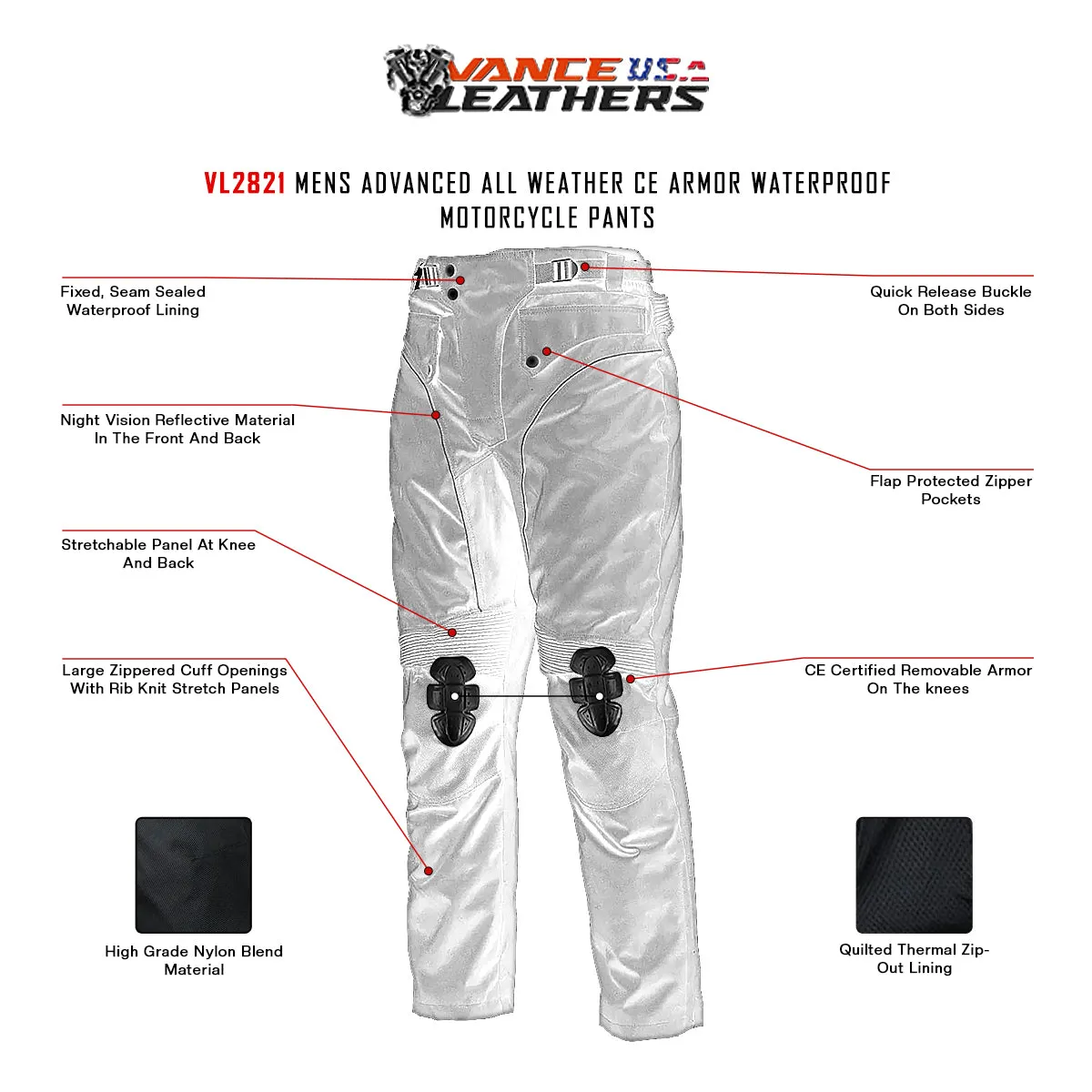 VL2821 Waterproof and Zip-Out Insulated CE Armor Motorcycle Pants