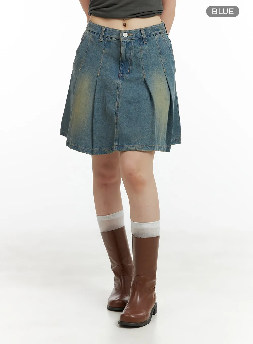 Washed Pleated Midi Denim Skirt CL422