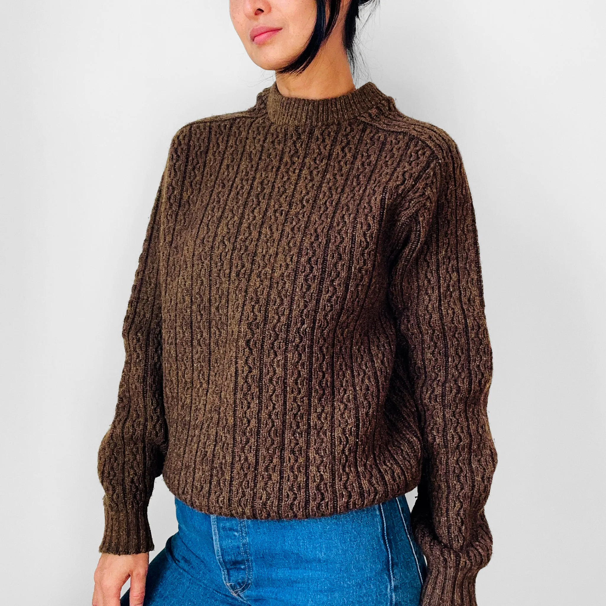 Whiskey Brown Wool Ribbed Crew Neck Chunky Crop Pullover Sweater - S/M