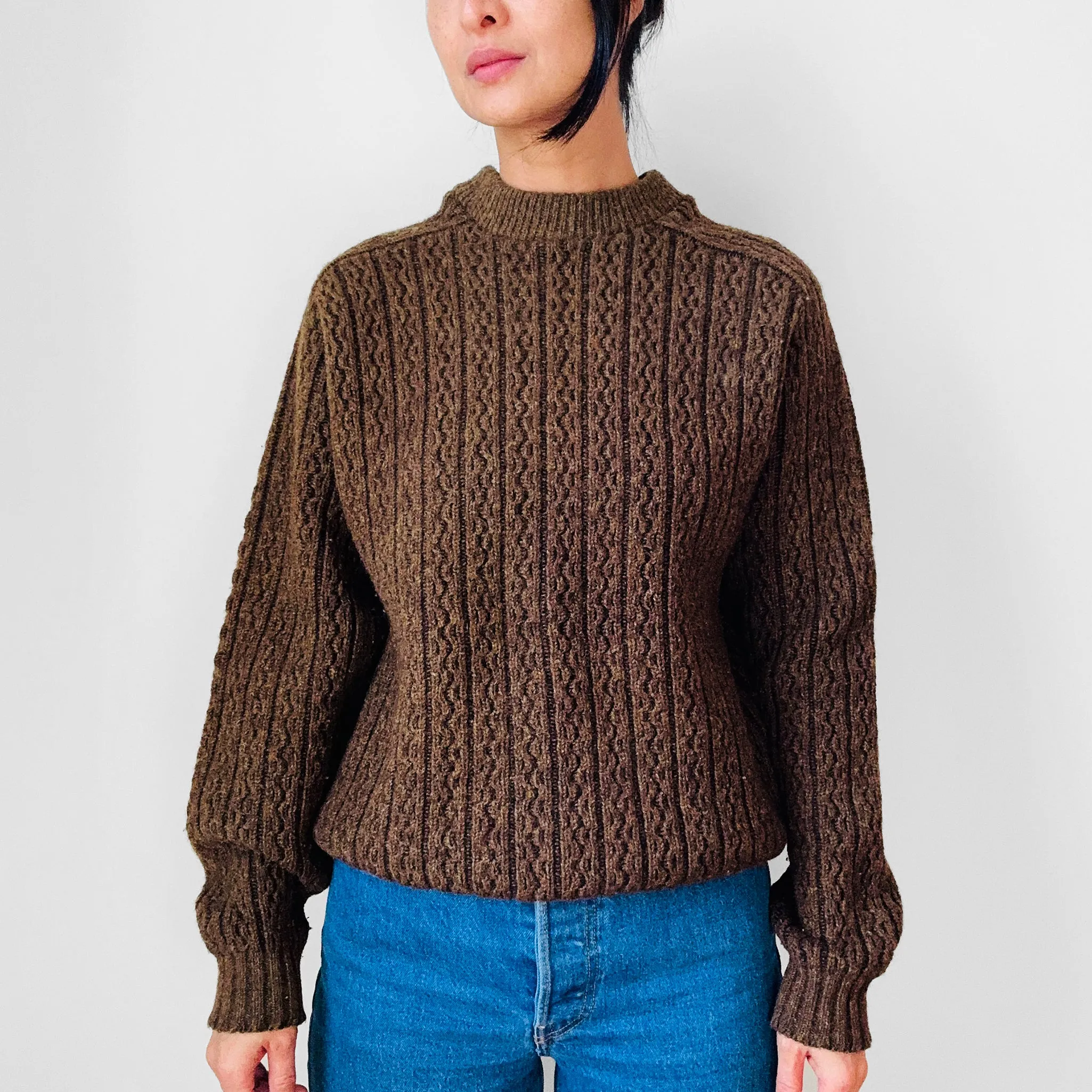 Whiskey Brown Wool Ribbed Crew Neck Chunky Crop Pullover Sweater - S/M