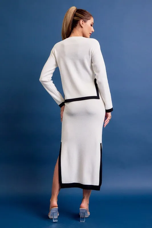 White Knit Long Sleeve Top And Midi Skirt Set