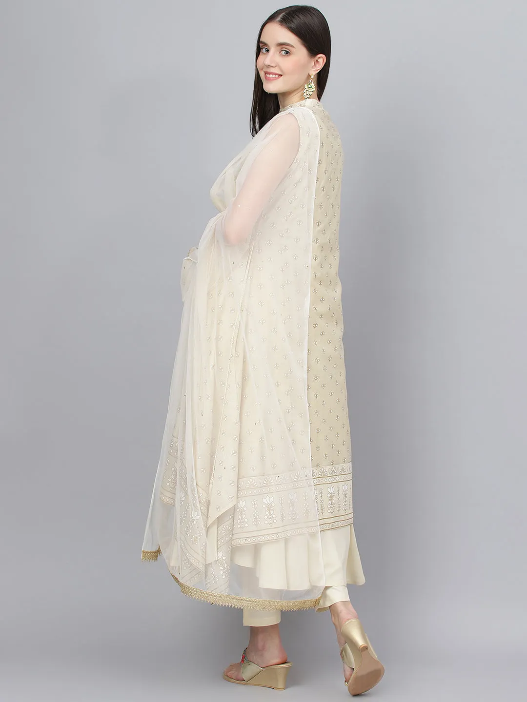 Women Cream Chanderi Kurta Pant Set With Net Dupatta