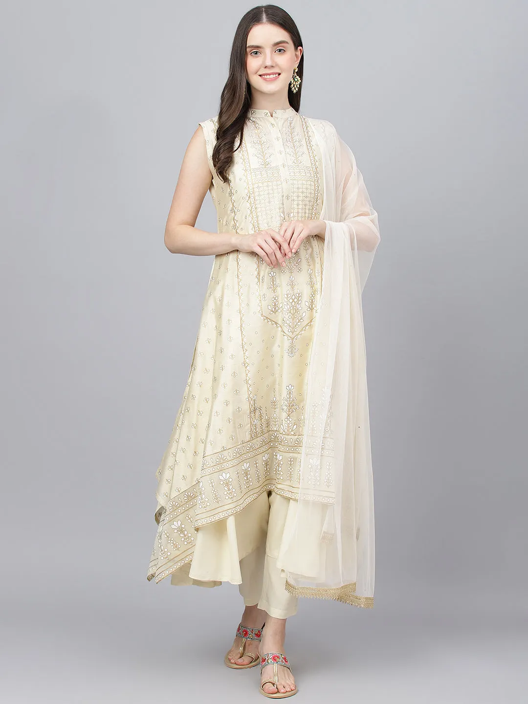 Women Cream Chanderi Kurta Pant Set With Net Dupatta