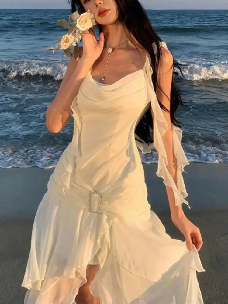 Women Elegant Backless Sexy Slip Dresses Summer New Fashion Asymmetrical Ruffles Holiday Beach Party Club Split Long Dress