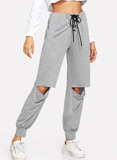 Women Loose Cut Out Lace Up Pants Jogger