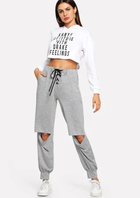 Women Loose Cut Out Lace Up Pants Jogger