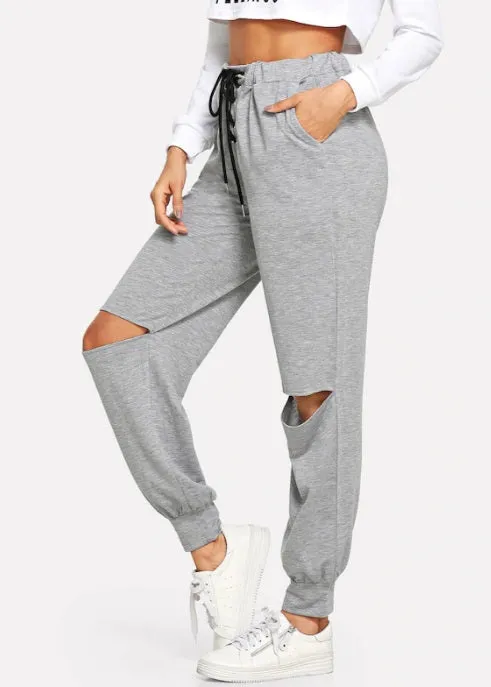 Women Loose Cut Out Lace Up Pants Jogger