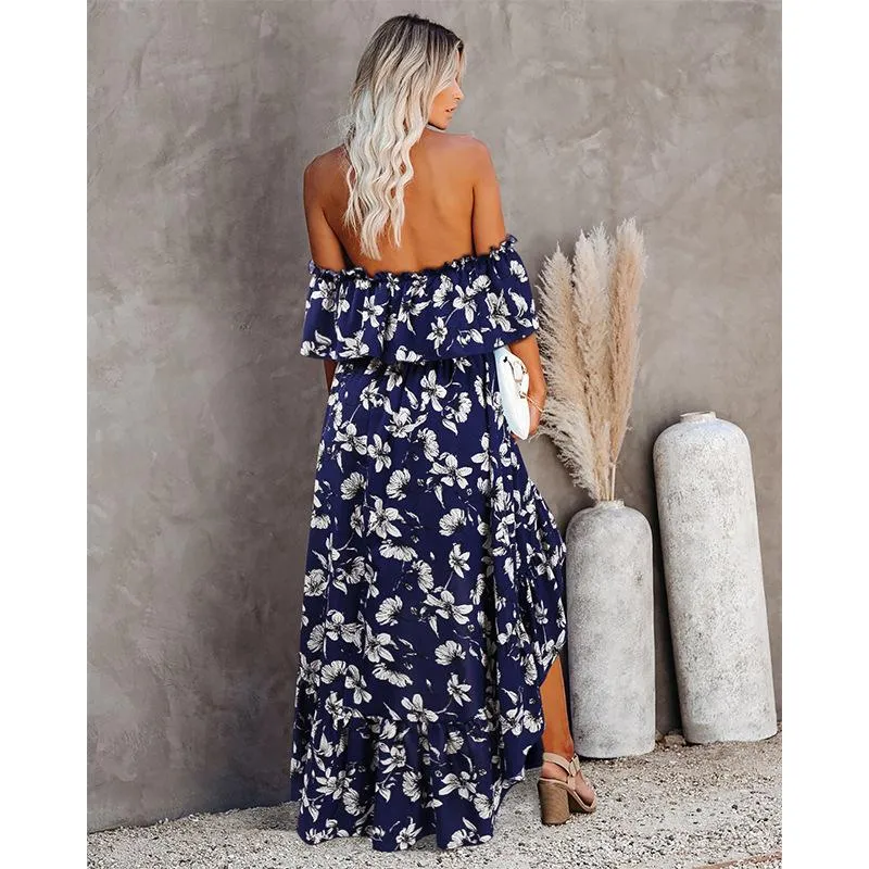 Women's Off Shoulder Summer Casual Print Long Dress