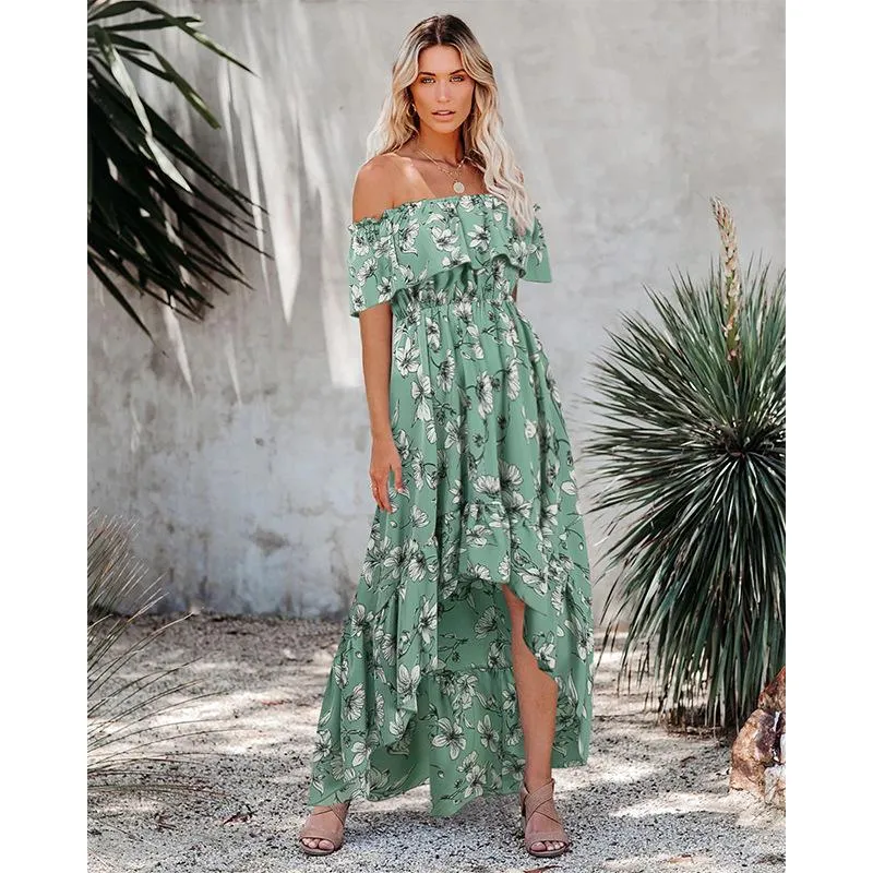 Women's Off Shoulder Summer Casual Print Long Dress