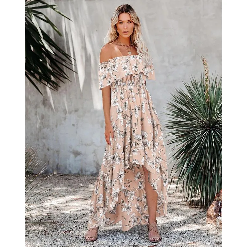 Women's Off Shoulder Summer Casual Print Long Dress