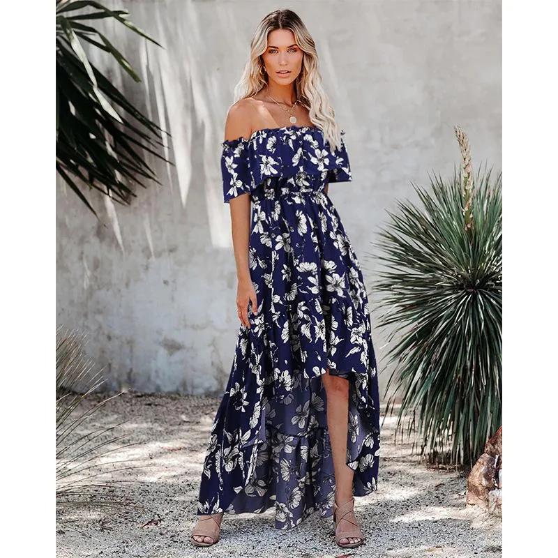 Women's Off Shoulder Summer Casual Print Long Dress