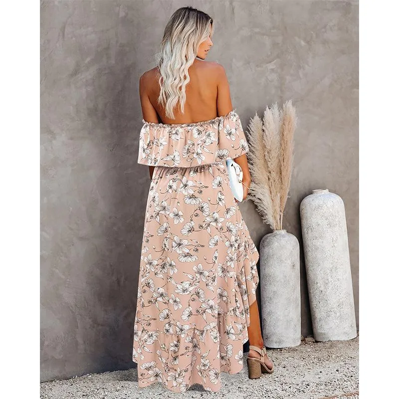 Women's Off Shoulder Summer Casual Print Long Dress