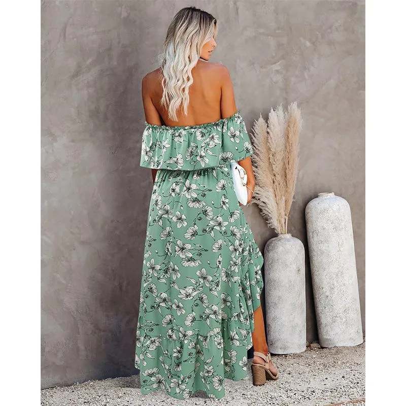 Women's Off Shoulder Summer Casual Print Long Dress