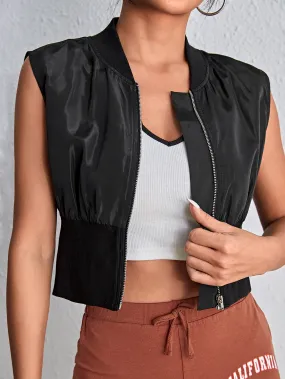 Zipper Front Baseball Collar Vest Bomber Jacket